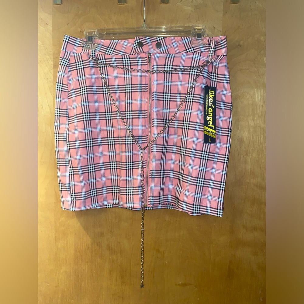Like An Angel Pink Plaid Fitted Bodycon Skirt w/ Chain Belt